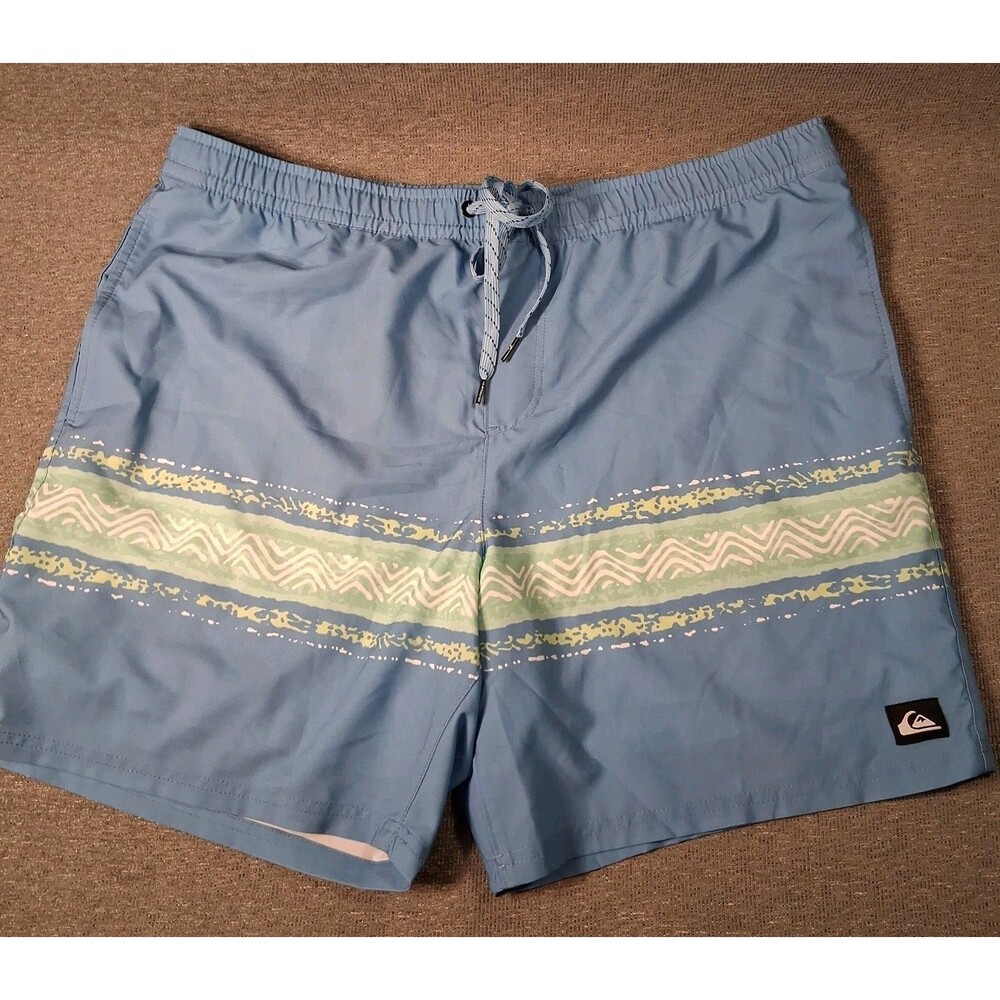 Quiksilver Mens Blue Green Striped Boardshorts Swim Trunks Size XL Beach Wear